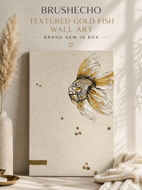 BrushEcho Gold Fish Textured Canvas Wall Art Cream Gold New in Box